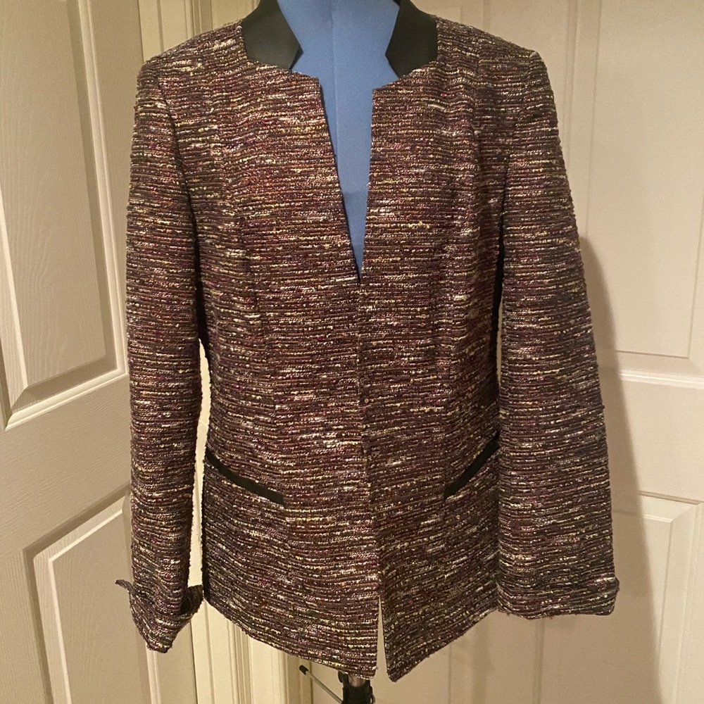 Lafayette 148 purple-hued shimmery jacket with black leather collar, size 10.